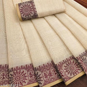 Top trending latest simple plain party wear/wedding Women's Jacquard Weaving Plain Beige Cotton Silk Saree with Maroon Border | Elegant Ethnic Party Wear Saree