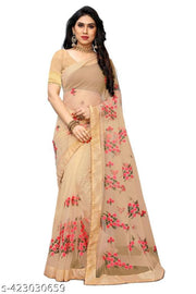 Rityanusaar Beautiful and stunning Net Floral Thread Embroidery Saree With moti Lace Border&unstitched blouse