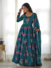 Ledies Stylish Fancy Trendy Printed Poly Georgette Maxi Flared Gown For Women For Party Wedding Festival Functions very comfortable