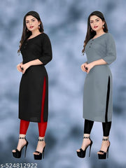 Plain Ethnic Pack of 2 American Regular Fit Kurta Round Neck New Stylish Casual Crepe Fabric Kurti For Women