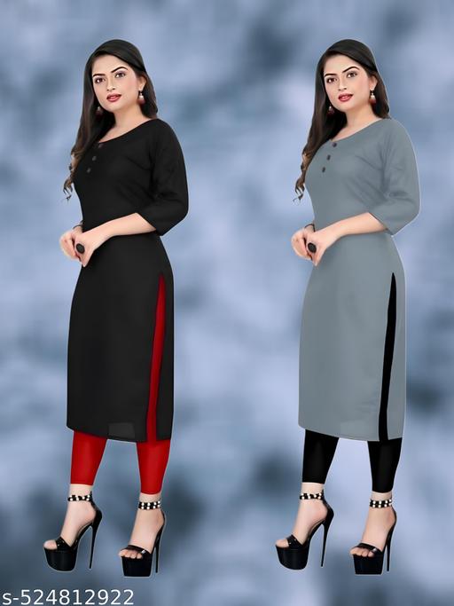 Plain Ethnic Pack of 2 American Regular Fit Kurta Round Neck New Stylish Casual Crepe Fabric Kurti For Women
