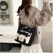 Korean Style Cute New Happy Day Tote Bag Large Capacity Bag Multi-functional Bag One Shoulder Crossbody Tution Bag, Study Bag (PACK OF 1)(BLACK)