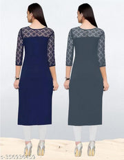 Pack of 1 Casual American Crepe And Net Round-Neck 3/4 Length Sleeves Navy Blue & Grey Kurti (42"Inches)