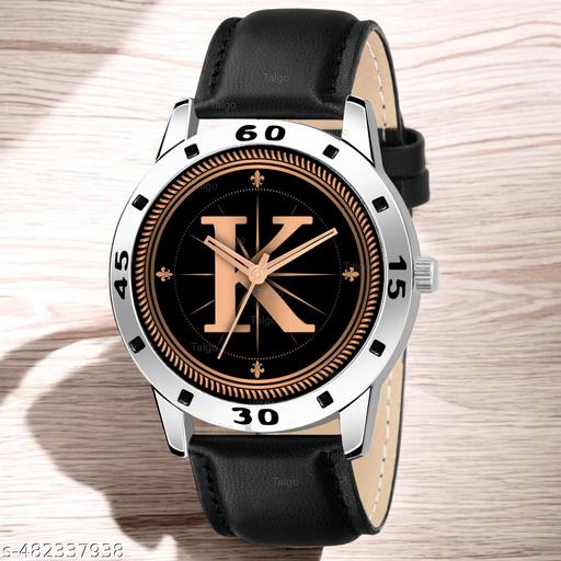 Natrix Analog Round Black Dial ALPHABET K Design Stylish Black Leather Strap Classic Design Fancy Wrist Watch for Men and Boys, Pack of 1 - ALPHA-K-AVO-SIL-BLK-L