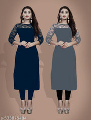 Casual American Crepe And Rasal Net Round Neck 3/4 Sleeves Stylish Pack Of 2 Kurtis For Womans (45"Inches)