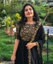 Women Printed Viscose Rayon Flared Kurta (Black)