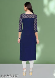 Polyster/Crepe fabric-Casual And Round-Neck 3/4 Length Sleeves Navy Blue Kurti (45"Inches)