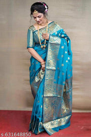 Women’s Soft Banarasi Jacquard Silk Saree With Rich Woven Design With Unstiched Blouse For Wedding & Party Wear