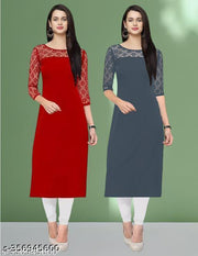 Polyster/Crepe fabric-Pack of 1 Casual And Round-Neck 3/4 Length Sleeves Red & Grey Kurti (42"Inches)