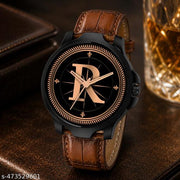 Prathshya Analog Round Black Dial ALPHABET R Design Stylish Brown Leather Strap Classic Design Fancy Wrist Watch for Men and Boys, Pack of 1 - ALPHA-R-3K-BLK-DBRW-CRL