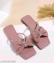 Women’s Pink Flat Slip-On Sandals with Bow & Sparkling Rhinestone Straps | Stylish Comfortable Open-Toe Flats | Casual Party & Festive Footwear for Daily Wear, Outings, Shopping & Vacation