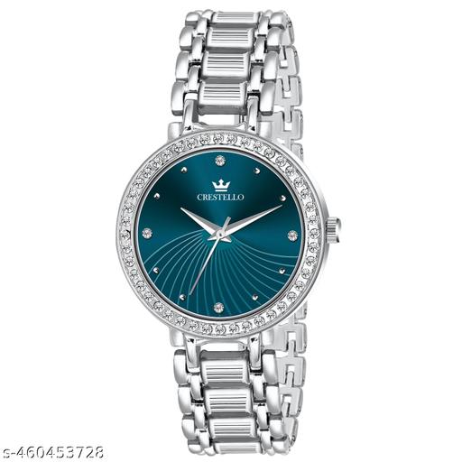 CRESTELLO Silver Plated Bracelet Analog Wrist Watch for Women (Blue Dial)