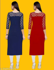 Pack of 1 Casual American Crepe And Net Round-Neck 3/4 Length Sleeves Navy Blue & Red Kurti (42"Inches)