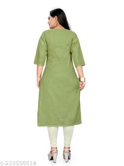 Cotton Blend Round Neck Embroidered Straight Kurta For women (Green,Pink) |Kurtas| (Pack of 2)