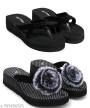Skytrap Black Nubuck Bindi Phool Printed Dailywear Slippers Flipflop for Women & Girls Combo of 2