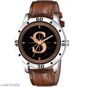 Gadgets WorldAnalog Round Black Dial ALPHABET S Design Stylish Brown Leather Strap Classic Design Fancy Wrist Watch for Men and Boys, Pack of 1 - ALPHA-S-AVO-SIL-DBRW-CRL
