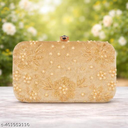 RABIYA Luxury Golden Embroidered Velvet Pearl Handcrafted Wedding Party Bridal Handbag Clutch Purse with Chain for Women and Girls(Shoulder Clutch) Women Clutch | Ladies Clutch| Girls Clutch| Top Ladies Clutch| Women Clutch