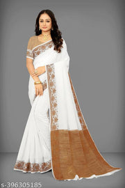 Top trending latest simple plain party wear/wedding Women's Jacquard Weaving Plain White Cotton Silk Saree with Beige Thread Border | Elegant Traditional Ethnic Wear Saree