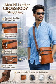 Men’s PU Leather Crossbody Sling Bag | Stylish Office & Travel Shoulder Bag for Men | Beige Messenger Side Bag
