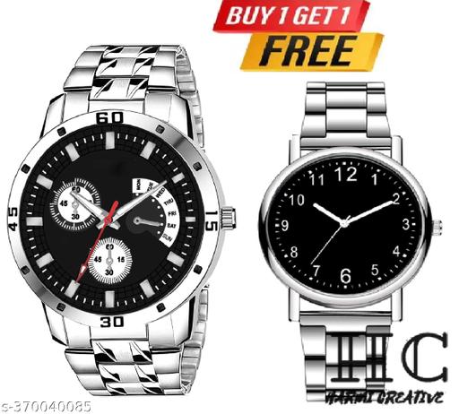 BUY 1 GET 1 FREE Analog Watch - For Men New Combo Stylish Casual Black Dial Silver Stainless Steel  For Boys Men PACK OF 2