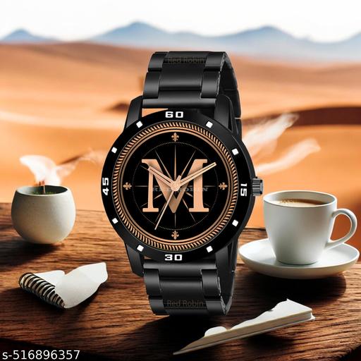 PS WATCHES Analog Round black Dial ALPHABET M Design Stylish black Strap Classic Design Fancy Watch for Men and Boys, Pack of 1 ALPHABET M-AVO-BLK-CDBLK-1