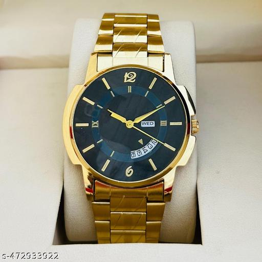 Latest Design Men's Watches Day-Date Black Dial & Original Gold Plated Adjustable Bracelet Quartz Analog Watch - For Men