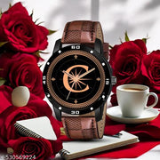 Femeo Analog 9112 Watches Round Black Dial C Design Stylish Brown Leather Strap Classic Design Fancy Wrist Watch for Men and Boys, Pack of 1 - A07ZALPHA-C-AVO-BLK-BRW-CHL