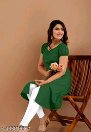 Women's&Girl's "Rayon"  Fashionble v-neck with puff sleeb  stylish kurti(bottlegreen)