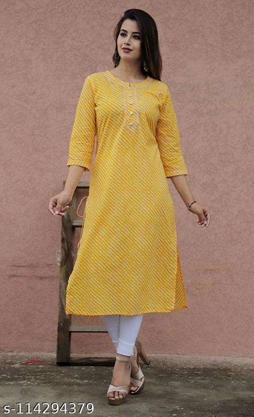 Women Leheriya Print A-Line Cotton Yellow Kurti