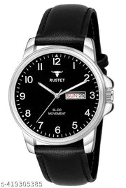 RUSTET Analog New Track Number Dial Day Date Functioning Leather Strap Watch for Men