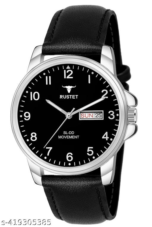 RUSTET Analog New Track Number Dial Day Date Functioning Leather Strap Watch for Men