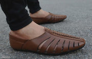Brown Men's Laser Cut Fally Ethnic Criss Cross Slip On Juttis and Mojaris for Wedding|Party|Occasions|Fashion|Stylish|Outdoor|Indoor|Lightweight|Shoes with Anti Skid Sole