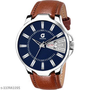 Listen Day & Date Function Watch With Blue & Silver Dial, Brown Leather Strap Analog Watch - For Men