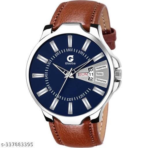 Listen Day & Date Function Watch With Blue & Silver Dial, Brown Leather Strap Analog Watch - For Men