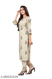 Cotton Kurtis Embroidery Women's Printed Pattern Cotton Kurti with Pant kurta set (Grey)