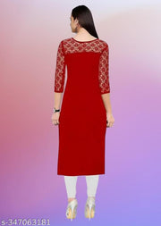 Casual American Crepe And Net Round-Neck 3/4 Length Sleeve  Red Kurti (45"Inches)