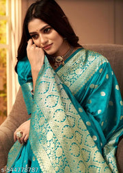 Women's Kanjivaram Soft Banarasi Silk Saree With Blouse Piece Firozi