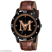 Prathshya Analog Round Black Dial ALPHABET M Design Stylish Brown Leather Strap Classic Design Fancy Wrist Watch for Men and Boys, Pack of 1 - ALPHA-M-AVO-BLK-BRW-CHL