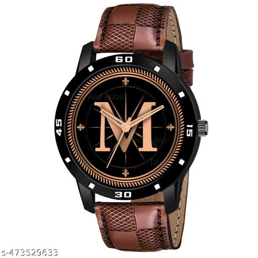 Prathshya Analog Round Black Dial ALPHABET M Design Stylish Brown Leather Strap Classic Design Fancy Wrist Watch for Men and Boys, Pack of 1 - ALPHA-M-AVO-BLK-BRW-CHL