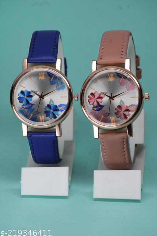 Fancy Flower Design Lather Belt Analog Watch For Womens & Girls