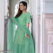Women's Beautiful Rayon Printed Round Neck Kurta And Sharara With Net Dupatta Set