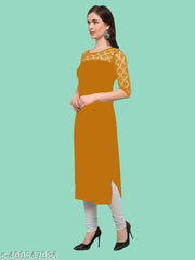 Casual American Crepe And Net Round-Neck 3/4 Length Sleeve Yellow Kurti (45"Inches)