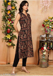 women printed straight sleeves kurta black
