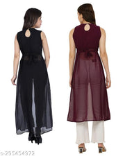 Shimao women Georgette round neck kurti (Black and Wine)