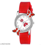 Diamond-Studded Flower Design Dial Analog Watch with Red PU Strap for Girls & Women (Pack of 1)
