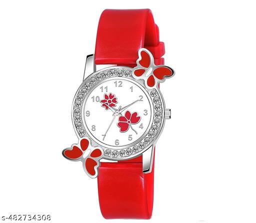 Diamond-Studded Flower Design Dial Analog Watch with Red PU Strap for Girls & Women (Pack of 1)