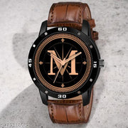Natrix Analog Round Black Dial ALPHABET M Design Stylish Brown Leather Strap Classic Design Fancy Wrist Watch for Men and Boys, Pack of 1 - ALPHA-M-AVO-BLK-DBRW-CRL