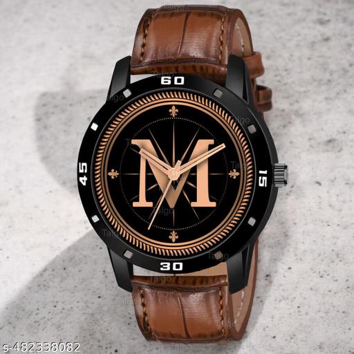 Natrix Analog Round Black Dial ALPHABET M Design Stylish Brown Leather Strap Classic Design Fancy Wrist Watch for Men and Boys, Pack of 1 - ALPHA-M-AVO-BLK-DBRW-CRL