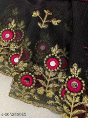Kanha fashion Silicon Net BLACK Embroidered Saree with Blouse