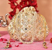 Designer Cream Potli Bags for Ladies for Wedding Parties Mirror Embellished Embroidered Bag for Women